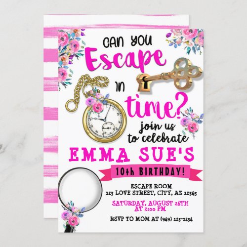 Girls Pink Floral Escape Room Birthday Invitation