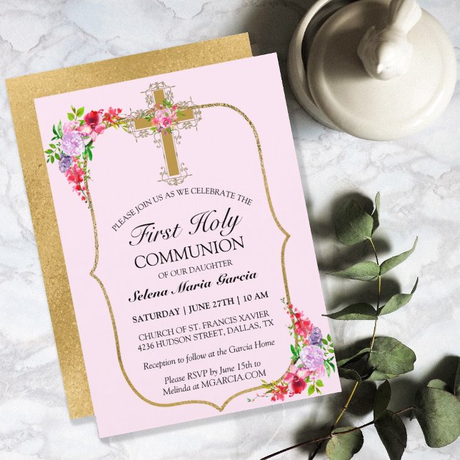 Girls Pink Floral First Holy Communion Invitation (Creator Uploaded)