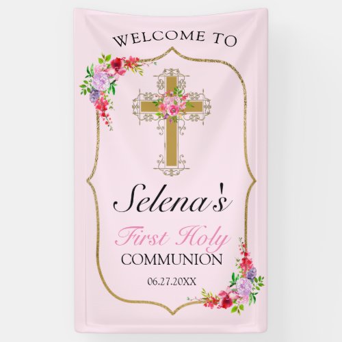 Girls Pink Floral First Holy Communion Welcome Banner