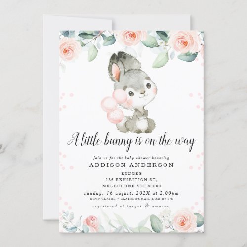 Girls Pink Floral Gray Bunny Baby Shower Invitation