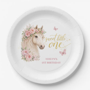 Girls Pink Floral Horse 1st Birthday Paper Plates