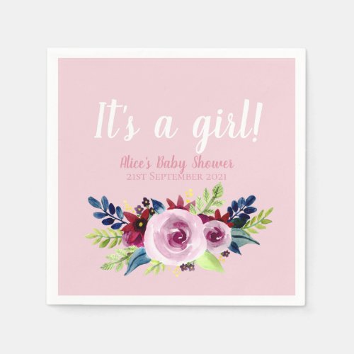 Girls Pink Floral Its A Girl Flowers Baby Shower Napkins