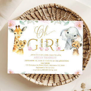 Girls Pink Floral Safari Baby Shower Invitation