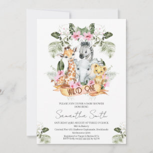 Girls Pink Floral Safari Wild One Baby Shower Invitation