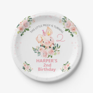 Girls Pink Floral This Little Piggy Birthday Paper Plates