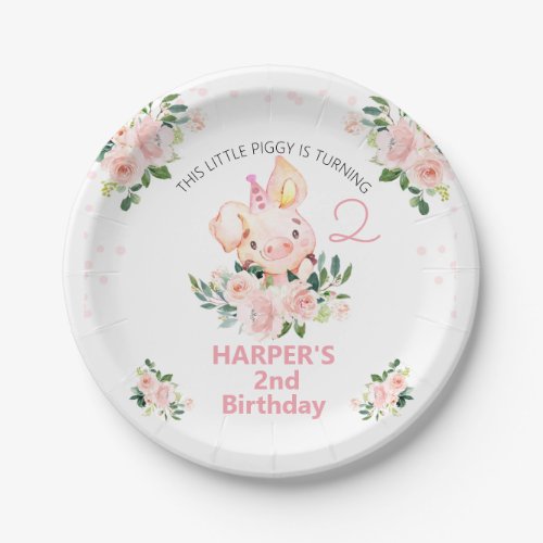 Girls Pink Floral This Little Piggy Birthday  Paper Plates