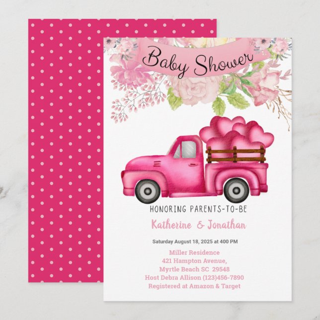 Girls Pink Floral Truckload Hearts Baby Shower   Invitation (Front/Back)