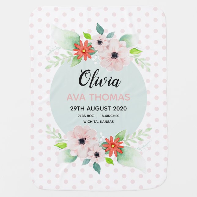 Girls Pink Floral Watercolor Flowers Birth Stats Baby Blanket (Front)