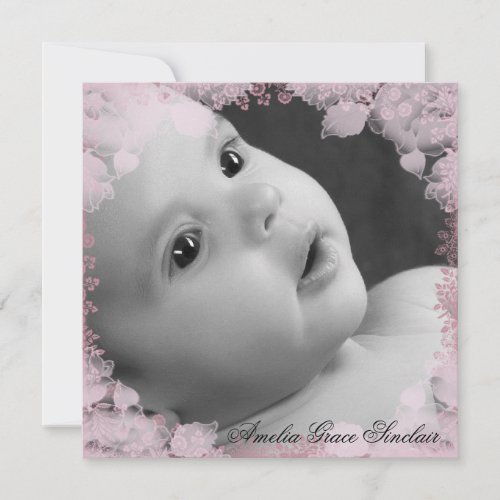 Girls Pink Flower Photo Birth Announcement
