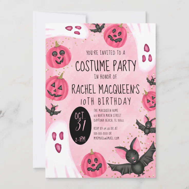 Girl S Pink Ghost Bat Costume Halloween Birthday Invitation Zazzle