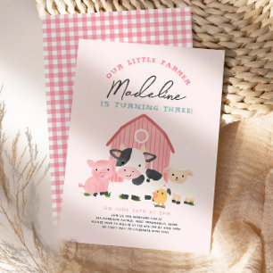 Girls Pink Gingham Farm Barnyard 3rd Birthday Invitation