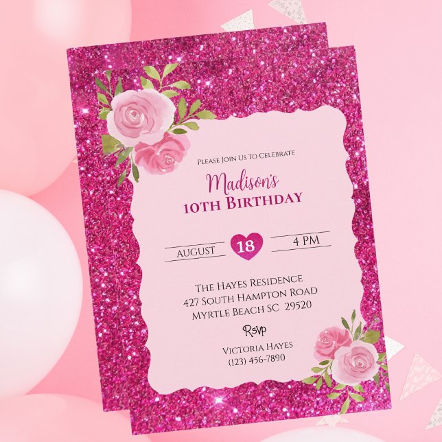 Girls Pink Glitter Floral 10th Birthday Party   Invitation (Creator Uploaded)