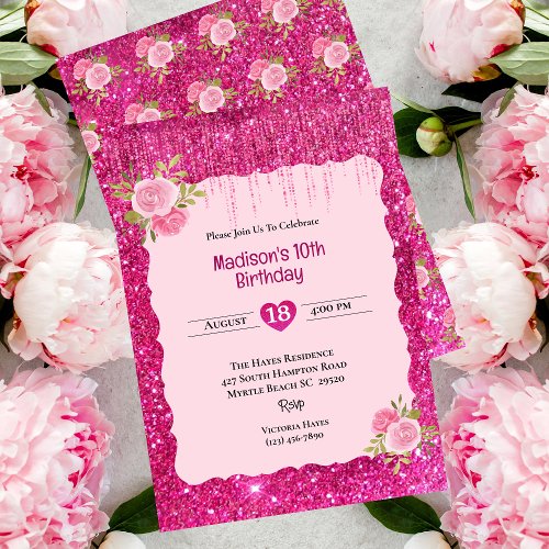 Girls Pink Glitter Floral 10th Birthday Party   Invitation