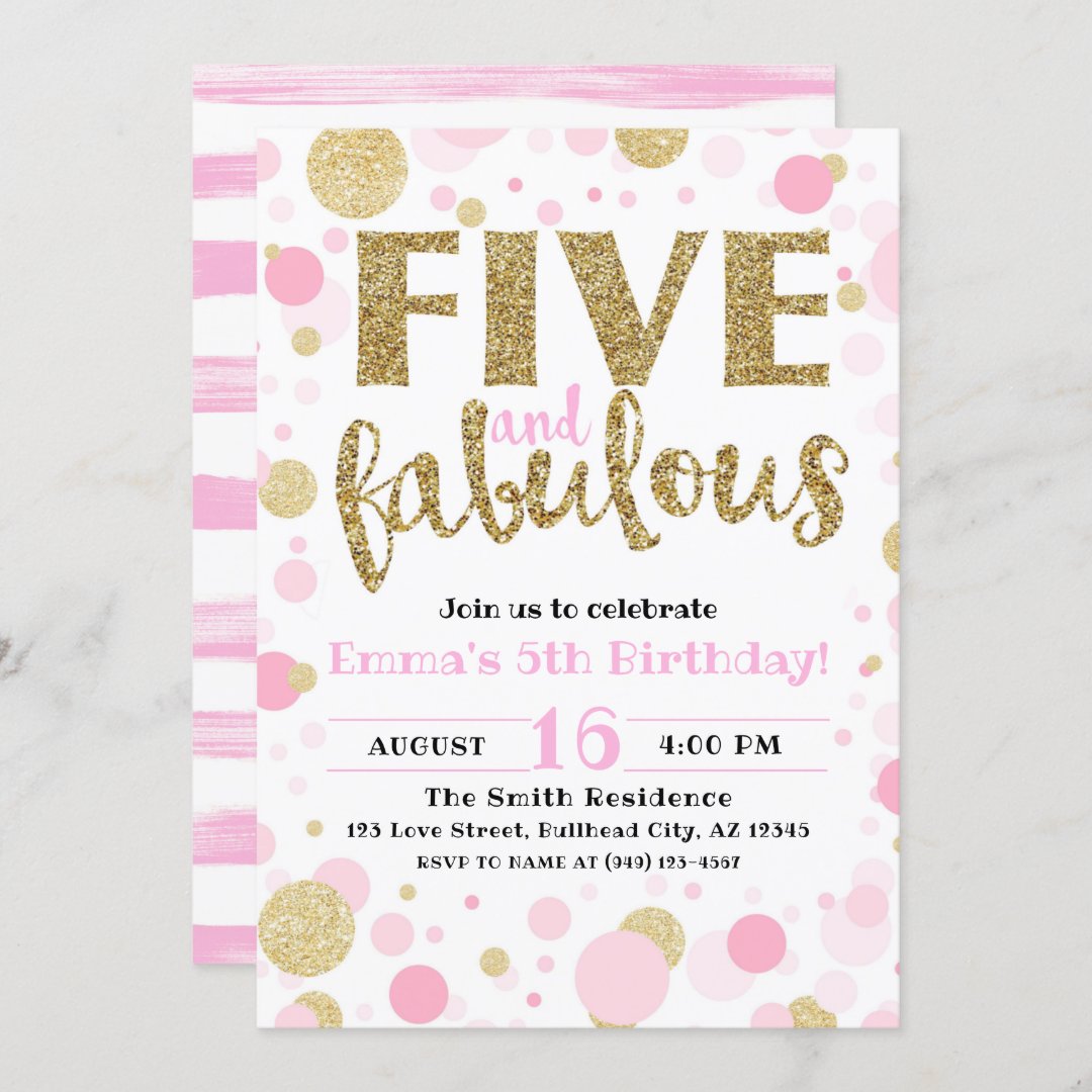 Girl's Pink & Gold Five & Fabulous 5th Birthday Invitation | Zazzle