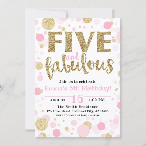 Girl's Pink & Gold Five & Fabulous 5th Birthday Invitation | Zazzle