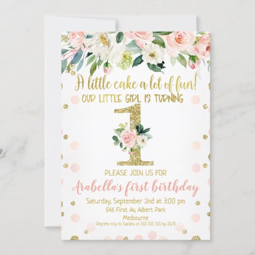 Girls Pink Gold Floral 1st Birthday Invitation