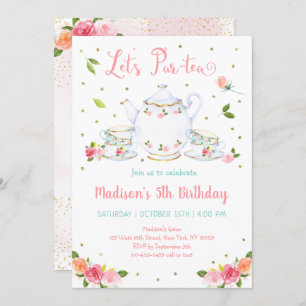 Girls Pink Gold Floral Tea Party Birthday Invitation