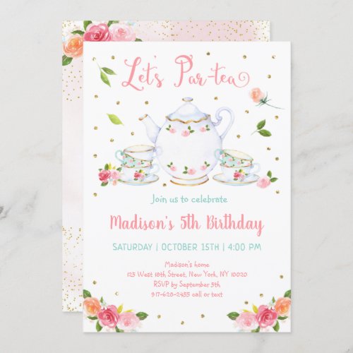Girls Pink Gold Floral Tea Party Birthday Invitation