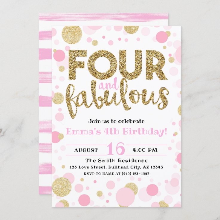 Girl's Pink & Gold Four & Fabulous 4th Birthday Invitation | Zazzle