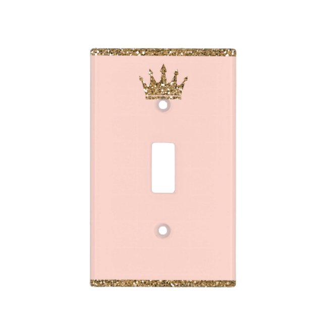 Girls Pink Gold Glitter Princess Crown Light Switch Cover (Front)