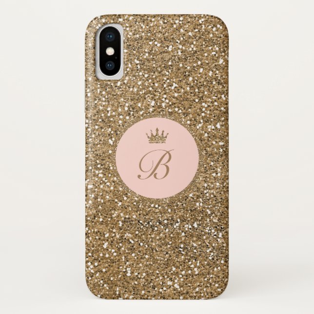 Girls Pink Gold Glitter Princess Crown Monogram Case-Mate iPhone Case (Back)