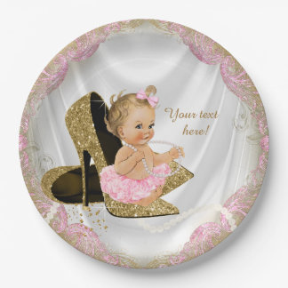Girls Pink Gold High Heel Baby Shower Paper Plate
