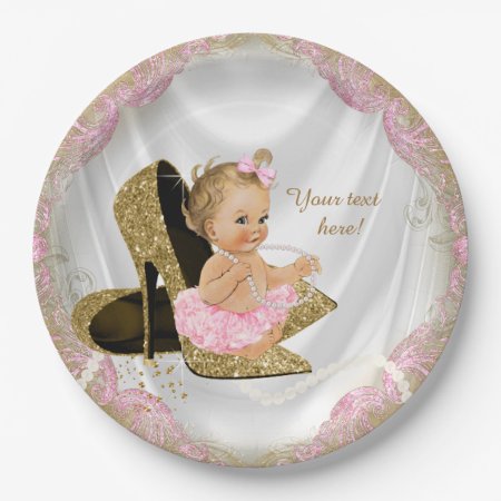 Girls Pink Gold High Heel Baby Shower Paper Plates