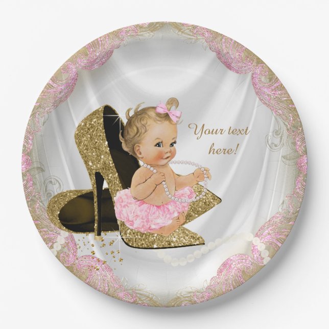 Girls Pink Gold High Heel Baby Shower Paper Plates (Front)
