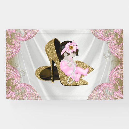 Girls Pink Gold High Heel Shoe Pearls Baby Shower Banner