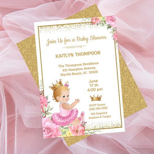 Girls Pink Gold Princess Baby Shower Invitation