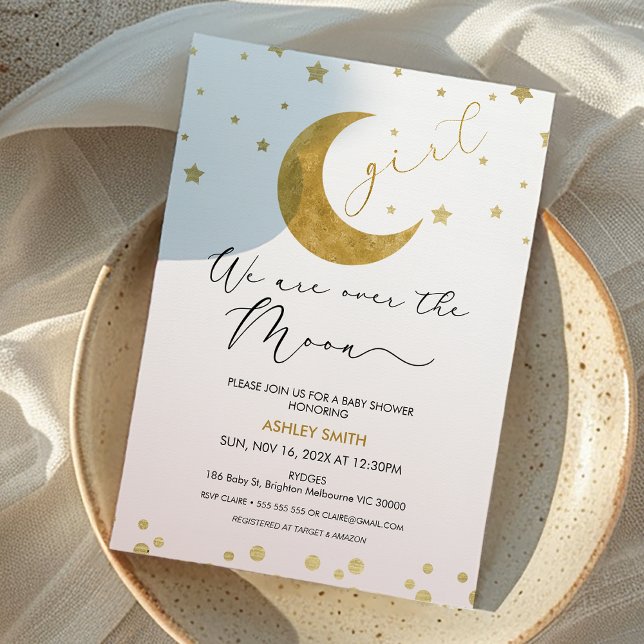 Girls Pink Gold We Are Over The Moon Baby Shower  Invitation (Girls We are Over the Moon Baby Shower Invitation Blue Gold Moon Themed Baby Shower Girl, Moon Stars)