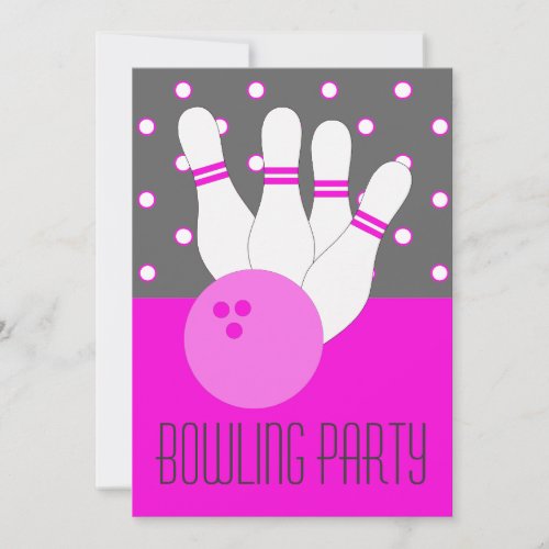 Girls Pink  Gray Bowling Party Invitation