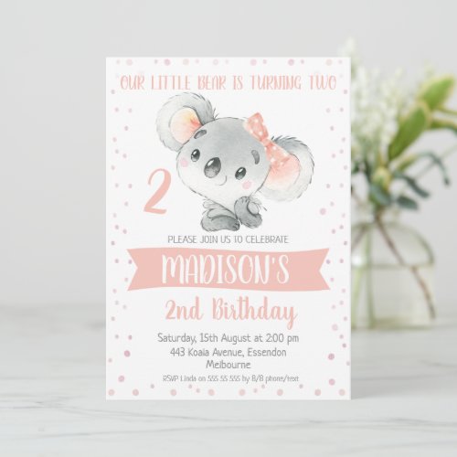 Girls Pink Gray Koala Bear Birthday Invitation