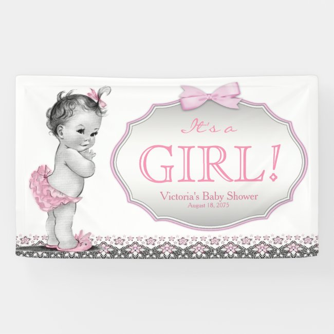 Girls Pink Gray Lace Bow Baby Shower Banner