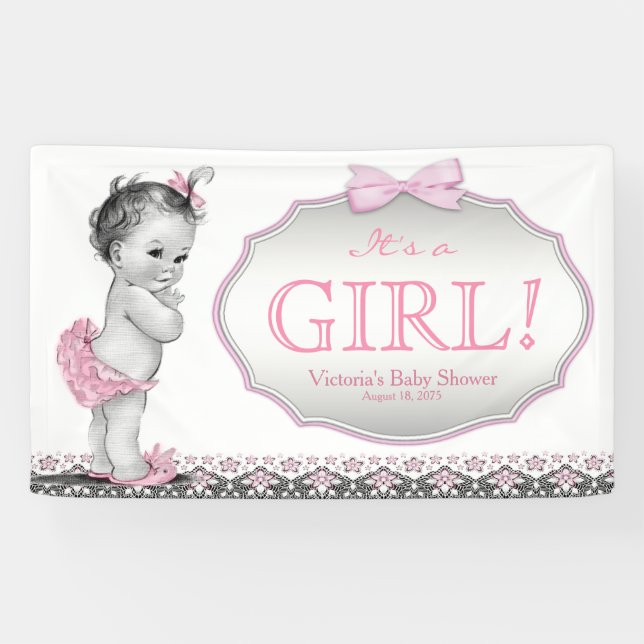 Girls Pink Gray Lace Bow Baby Shower Banner (Horizontal)