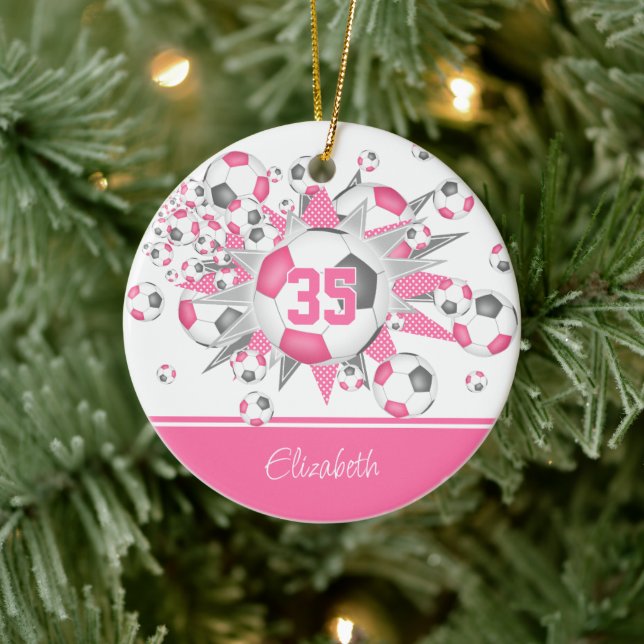 Girls pink gray personalized soccer balls stars ceramic ornament (Tree)