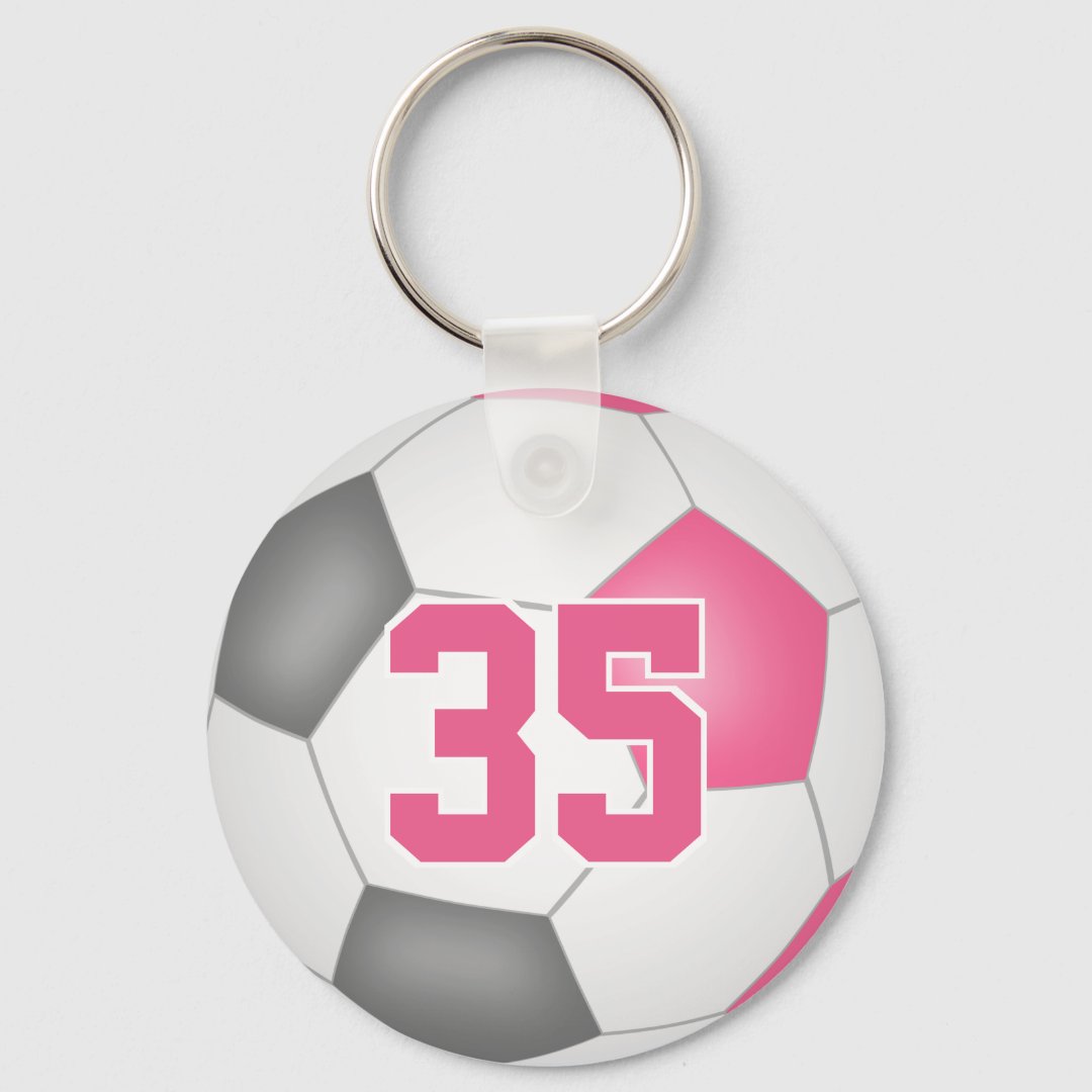 girls pink gray personalized soccer keychain