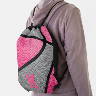 girl's pink gray personalized sports basketball drawstring bag