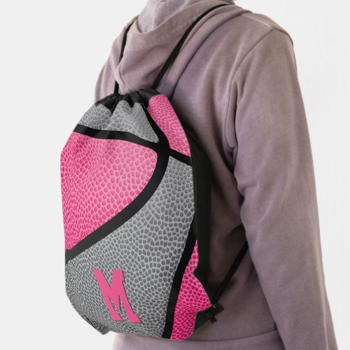 girls pink gray personalized sports basketball drawstring bag
