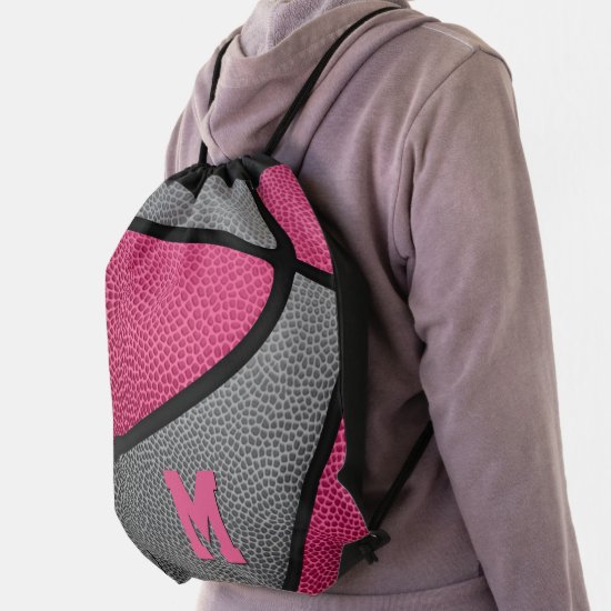 girl's pink gray personalized sports basketball drawstring bag