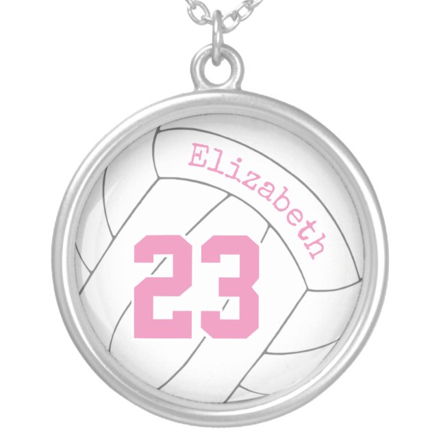 girls pink gray white personalized volleyball silver plated necklace (Front)