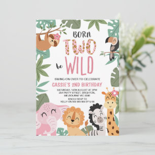 Girls Pink Green Born To Be Wild 2nd Birthday Invitation