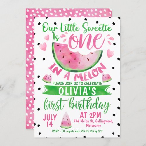 Girls Pink Green One In A Melon 1st Birthday Invitation