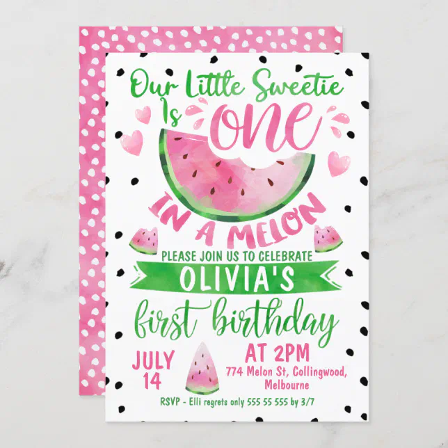 Girls Pink Green One In A Melon 1st Birthday Invitation 