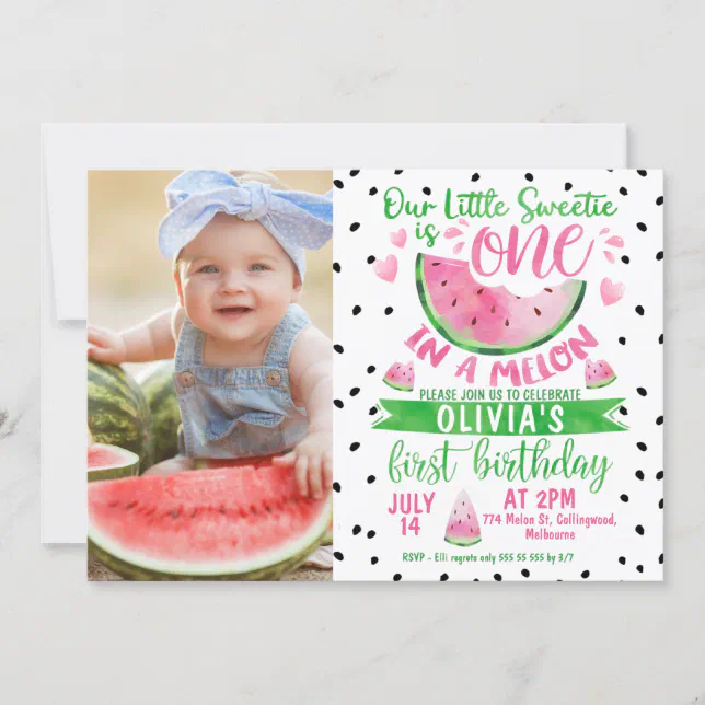 Girls Pink Green One In A Melon Photo 1st Birthday Invitation | Zazzle