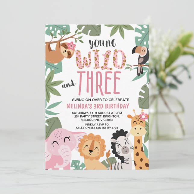 Girls Pink Green Young Wild Three 3rd Birthday Invitation (Standing Front)