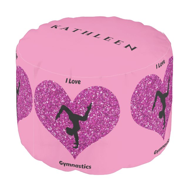 Girls Pink Gymnastics Personalized Round Pouf (Angled Back)