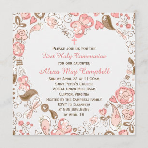 Girl's Pink Heart Floral First Communion Invitation