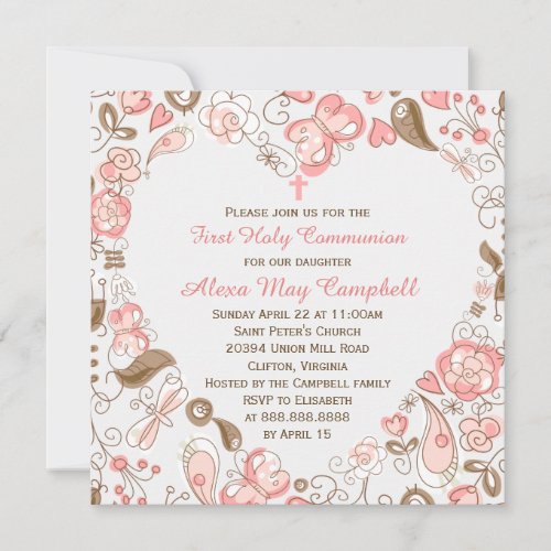 Girls Pink Heart Floral First Communion Invitation