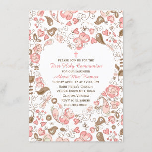 Girl's Pink Heart Floral First Communion Invitation